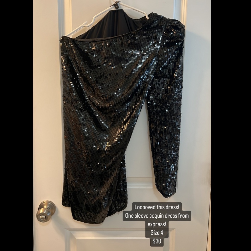 One sleeve sequin dress from express. new years dress. Flattering.